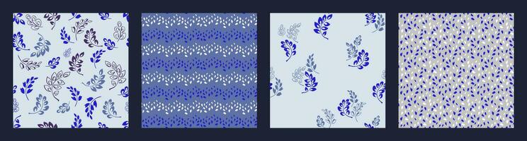 uppsättning av abstrakt fyrkant sömlös mönster mycket liten grenar löv, skiss droppar, rader, romb, slumpmässig prickar. trendig vektor hand dragen skiss enkel blå bakgrund texturerat. design för tyg, mode