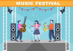 Musikfestivalhintergrundvektorillustration mit Musikinstrumenten und Live-Gesangsleistung für Plakat-, Fahnen- oder Broschürenschablone vektor