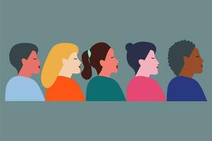 Gruppe von Frauen mit anders Nationalitäten und Kulturen Stehen zusammen. International Damen Tag Banner. Vektor Illustration.