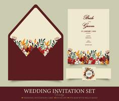 färgrik bröllop inbjudan uppsättning mall med löv, grenar och pollen. uppsättning av tre vektor mallar inkluderar en bröllop inbjudan kort, ett kuvert och en klistermärke.