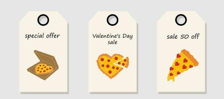 Vektor einstellen von Rabatt Preis Stichworte. Etiketten mit Pizza im das bilden von ein Herz. Liebe. Valentinstag Tag Verkauf.