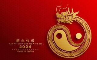 glücklich Chinesisch Neu Jahr 2024 das Drachen Tierkreis Zeichen mit asiatisch Elemente Papier Schnitt Stil auf Farbe Hintergrund. vektor