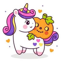 süßer Einhorn-Cartoon mit orange Kürbis Halloween-Baby Süßes oder Saures Kinder kawaii Vektor Tierhorn Pferd Märchenillustration