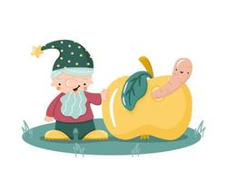 niedlicher Cartoon handgezeichneter Gnom mit wurmiger Apfel-flache Vektorgrafik. kleiner Gartenzwerg mit Bart mit lustigem Hut. magischer Charakter für Kinderdesign. vektor