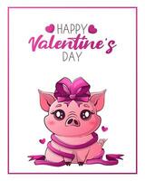 Valentinstag Tag Karte mit süß kawaii Schwein. Inschrift glücklich Valentinstag Tag. Vektor Illustration zum Banner, Poster, Karte, Postkarte.