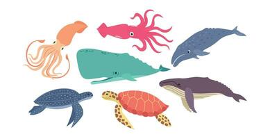 uppsättning av hav och hav djur sköldpaddor, bläckfiskar och valar tecknad serie vektor illustration, ikoner,