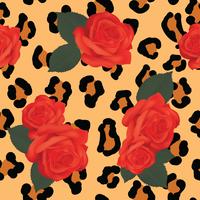 Seamless leopard hud med röda rosor bakgrund. Vektor djur, blommönster