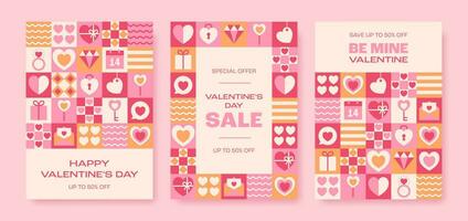 Valentinstag Tag geometrisch süß Plakate. romantisch Verkauf Vorlagen zum Karten, Flyer, Banner, Sozial Medien. Vektor Illustration