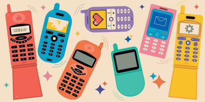 einstellen von 80er Jahre 90er Jahre Handy, Mobiltelefon Telefone im modern Stil, Wohnung, linear. Hand gezeichnet eben Vektor Illustration