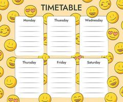 wöchentlich Klasse Zeitplan Vorlage zum Studie oder Arbeit mit Gelb lächelnd Emoji. Vektor Illustration