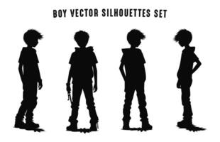einstellen von Junge schwarz Silhouette Vektor Symbol, jung Junge Stehen Silhouetten, Teenager Junge Silhouette im anders posiert