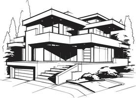 trendig urban villa skiss modern hus i djärv svart översikt eleganta stadsbild villa svart översikt villa vektor ikon