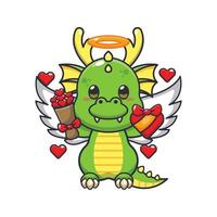 süß Drachen Amor Karikatur Charakter halten Liebe Geschenk und Liebe Strauß. vektor