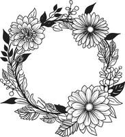 schick Blumen- Union schwarz Vektor Emblem Design sauber Blütenblatt Kranz Hand gezeichnet Hochzeit ikonisch