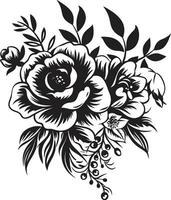 majestätisk bukett fusion svart blommig logotyp årgång blomma ensemble dekorativ svart ikon vektor