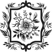 verschwenderisch Laub dekorativ Blumen- Rahmen Design elegant Blütenblätter schwarz Rahmen Logo vektor