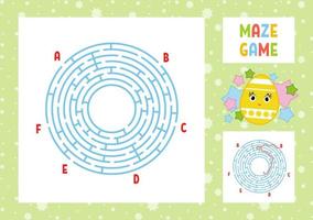 färg rund labyrint. barnens arbetsblad. aktivitetssida. spelpussel för barn. söt tecknat ägg. semester påsk. labyrint gåta. vektor illustration. med svar. med plats för din bild.