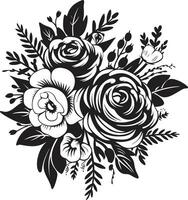 estetisk bukett ensemble svart blommig ikon majestätisk blomma klunga dekorativ svart logotyp vektor