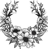 charmant blühen Rahmen dekorativ schwarz Emblem ästhetisch Blumen- umgeben schwarz Rahmen Symbol vektor