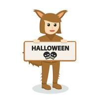 kvinna med varulv kostym innehav tecken halloween vektor