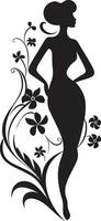 sauber Blumen- Couture schwarz Hand gezeichnet Frau im blühen wunderlich Blütenblatt Glanz Vektor Frau im Blumen- Pracht
