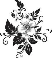 noir Blumen- Wiegenlied Jahrgang Blumen- ikonisch Design einfarbig Blütenblatt Serenade noir Vektor Emblem Skizzen