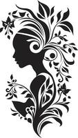 minimalistisk blommig strålglans svart kvinna ikon sofistikerad blomma aura handgjord emblem vektor