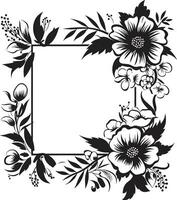 harmonisk kronblad frodas svart ram logotyp elegant blomma innesluta dekorativ svart ikon vektor