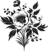 strahlend blühen Ensemble schwarz Blumen- Strauß Design anmutig Blütenblatt Verschmelzung dekorativ schwarz Emblem vektor