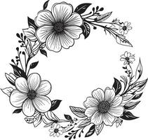 sauber Blütenblatt Kranz schwarz Hand gezeichnet ikonisch Logo wunderlich Blumen- Anordnung Vektor Hochzeit Emblem