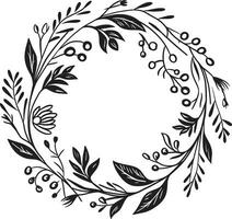 anmutig Blumen- skizzieren schwarz Kranz Emblem schick Hochzeit Blütenblatt Design Vektor Symbol Emblem