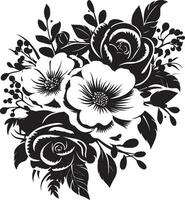 nyckfull blommig hopsättning dekorativ svart ikon förtrollade blomma bukett svart blommig emblem design vektor