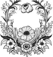harmonisk blommig omfamning dekorativ svart emblem elegant blomma ram svart ram ikon vektor