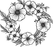 künstlerisch Blütenblatt wirbeln Hochzeit schwarz Symbol Design minimalistisch Kranz skizzieren schwarz Blumen- Emblem vektor
