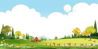 Frühling Hintergrund mit Himmel, Wolke, Gras Feld, Blume auf Hügel und Wald Baum im Dorf, Vektor Karikatur Sommer- Landschaft friedlich ländlich Natur im das Park, Panorama Banner zum Ostern