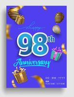 98 .. Jahre Jahrestag Einladung Design, mit Geschenk Box und Luftballons, Band, bunt Vektor Vorlage Elemente zum Geburtstag Feier Party.