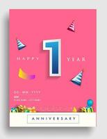 1 Jahr Jahrestag Einladung Design, mit Geschenk Box und Luftballons, Band, bunt Vektor Vorlage Elemente zum Geburtstag Feier Party.