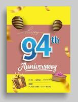 94 Jahre Jahrestag Einladung Design, mit Geschenk Box und Luftballons, Band, bunt Vektor Vorlage Elemente zum Geburtstag Feier Party.