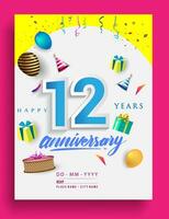 12 .. Jahre Jahrestag Einladung Design, mit Geschenk Box und Luftballons, Band, bunt Vektor Vorlage Elemente zum Geburtstag Feier Party.