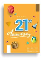 21 .. Jahre Jahrestag Einladung Design, mit Geschenk Box und Luftballons, Band, bunt Vektor Vorlage Elemente zum Geburtstag Feier Party.