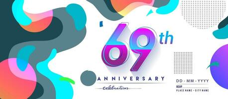 69: e år årsdag logotyp, vektor design födelsedag firande med färgrik geometrisk bakgrund och cirklar form.