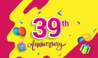 39: e år årsdag firande design, med gåva låda och ballonger, band, färgrik vektor mall element för din födelsedag fira fest.