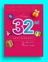 32: a år årsdag inbjudan design, med gåva låda och ballonger, band, färgrik vektor mall element för födelsedag firande fest.