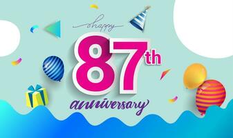 87 .. Jahre Jahrestag Feier Design, mit Geschenk Box und Luftballons, Band, bunt Vektor Vorlage Elemente zum Ihre Geburtstag feiern Party.