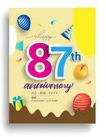 87 .. Jahre Jahrestag Einladung Design, mit Geschenk Box und Luftballons, Band, bunt Vektor Vorlage Elemente zum Geburtstag Feier Party.