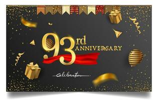 90:e år årsdag design för hälsning kort och inbjudan, med ballong, konfetti och gåva låda, elegant design med guld och mörk Färg, design mall för födelsedag firande. vektor