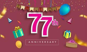 77: e år årsdag firande design, med gåva låda och ballonger, band, färgrik vektor mall element för din födelsedag fira fest.