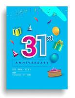 31: a år årsdag inbjudan design, med gåva låda och ballonger, band, färgrik vektor mall element för födelsedag firande fest.
