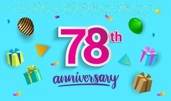 78 .. Jahre Jahrestag Feier Design, mit Geschenk Box und Luftballons, Band, bunt Vektor Vorlage Elemente zum Ihre Geburtstag feiern Party.