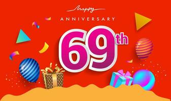 69 .. Jahre Jahrestag Feier Design, mit Geschenk Box und Luftballons, Band, bunt Vektor Vorlage Elemente zum Ihre Geburtstag feiern Party.